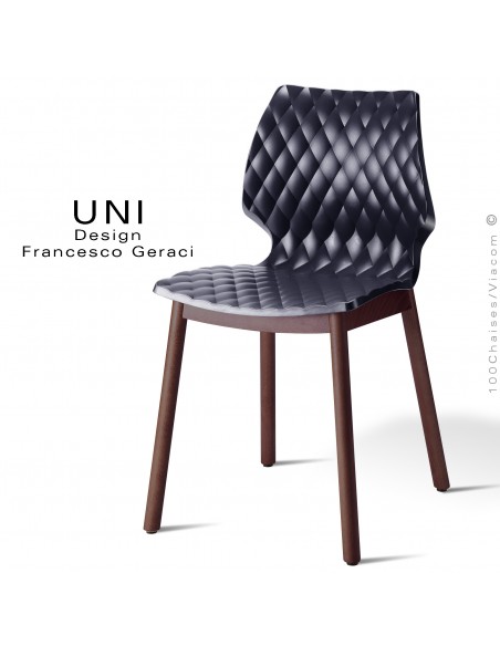 Chaise UNI, piétement bois teinté brun, assise coque effet matelassé couleur anthracite.