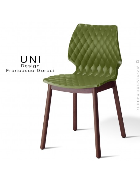 Chaise UNI, piétement bois teinté brun, assise coque effet matelassé couleur vert olive.