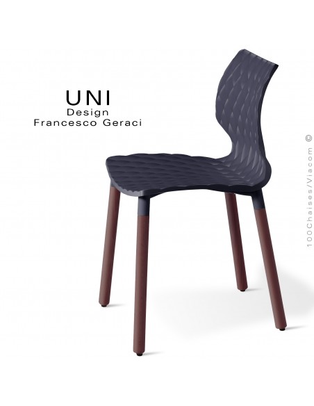 Chaise UNI, piétement bois de hêtre rond, vernis brun. Assise coque plastique effet matelassé couleur anthracite.