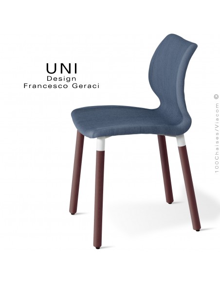 Chaise CHR, chambre, repas ou domestique UNI, piétement bois teinté brun, assise garnie, habillage tissu Medley bleu marine.