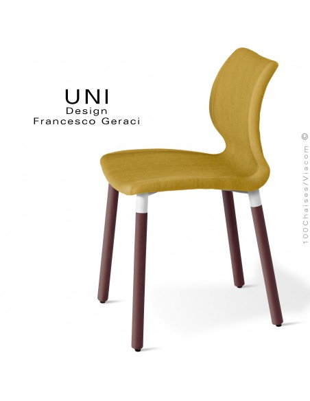 Chaise CHR, chambre, repas ou domestique UNI, piétement bois teinté brun, assise garnie, habillage tissu Medley jaune.
