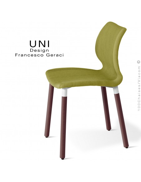 Chaise CHR, chambre, repas ou domestique UNI, piétement bois teinté brun, assise garnie, habillage tissu Medley vert clair.