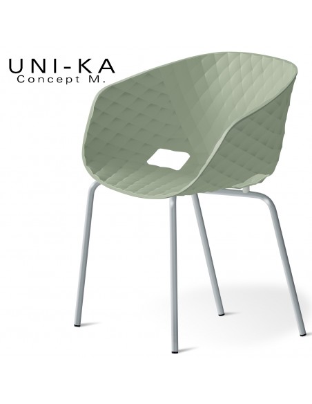 Fauteuil chic et tendance UNI-KA, piétement 4 pieds, acier peint aluminium, assise coque plastique couleur vert pistache.