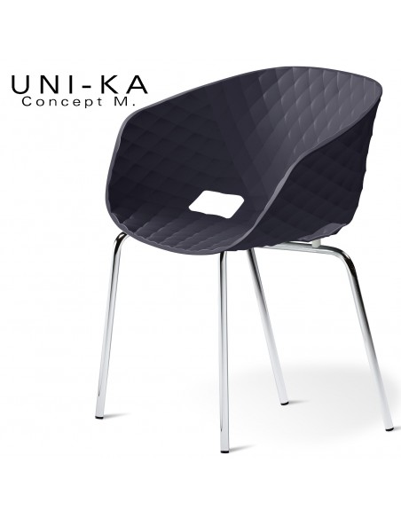 Fauteuil chic et tendance UNI-KA, piétement 4 pieds, acier chromé, assise coque plastique couleur anthracite.