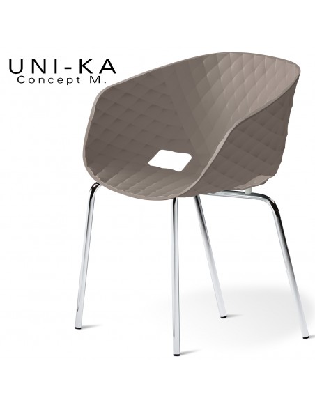 Fauteuil chic et tendance UNI-KA, piétement 4 pieds, acier chromé, assise coque plastique couleur argile.