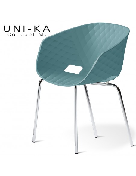 Fauteuil chic et tendance UNI-KA, piétement 4 pieds, acier chromé, assise coque plastique couleur bleu poudre.