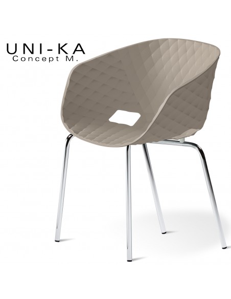Fauteuil chic et tendance UNI-KA, piétement 4 pieds, acier chromé, assise coque plastique couleur gris tourterelle.