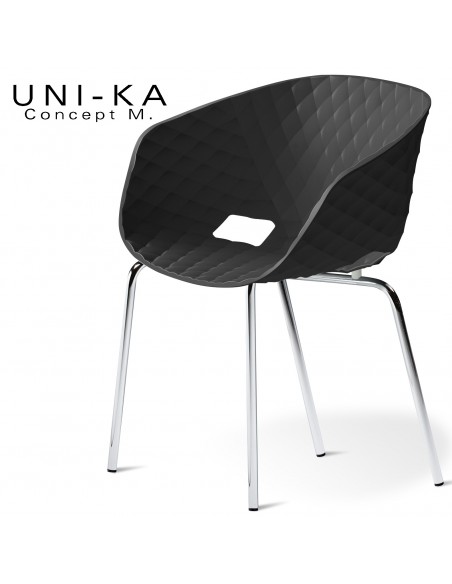 Fauteuil chic et tendance UNI-KA, piétement 4 pieds, acier chromé, assise coque plastique couleur noir.
