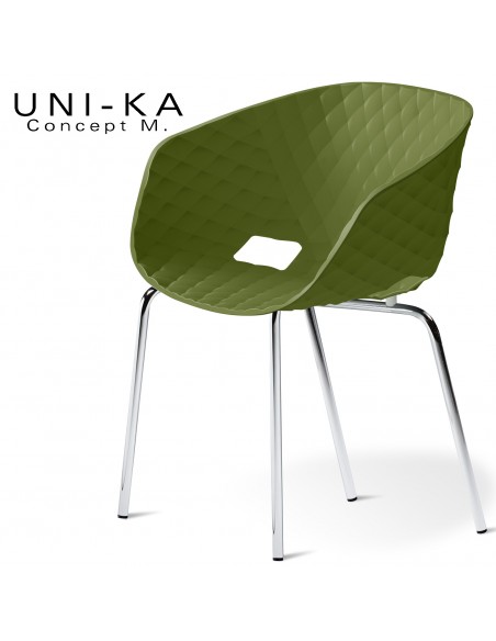 Fauteuil chic et tendance UNI-KA, piétement 4 pieds, acier chromé, assise coque plastique couleur vert olive.