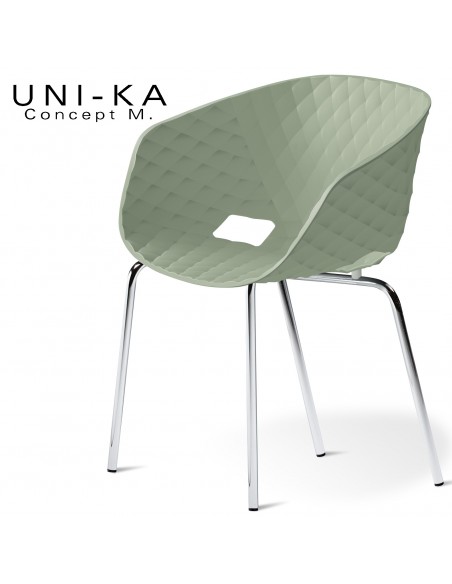 Fauteuil chic et tendance UNI-KA, piétement 4 pieds, acier chromé, assise coque plastique couleur vert pistache.