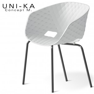 Fauteuil chic et tendance UNI-KA, piétement 4 pieds, acier peint noir, assise coque plastique couleur blanche.