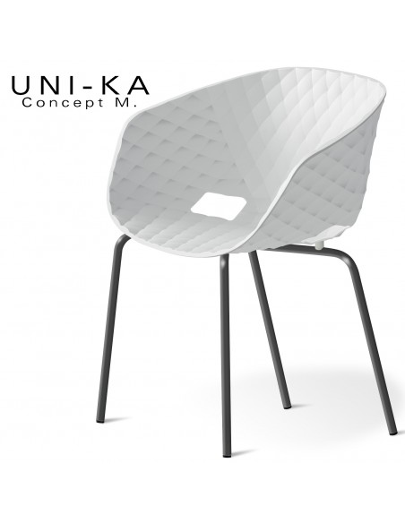 Fauteuil chic et tendance UNI-KA, piétement 4 pieds, acier peint noir, assise coque plastique couleur blanche.