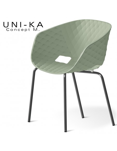 Fauteuil chic et tendance UNI-KA, piétement 4 pieds, acier peint noir, assise coque plastique couleur vert pistache.