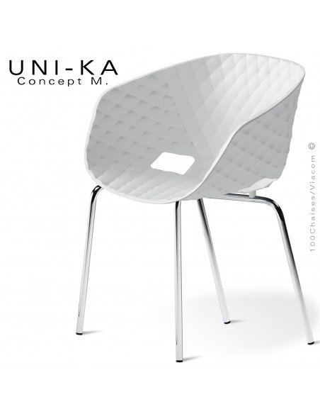 Fauteuil chic et tendance UNI-KA, piétement 4 pieds, acier chromé, assise coque plastique couleur blanche.