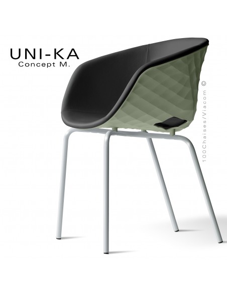 Fauteuil tendance et chic UNI-KA, piétement peint aluminium, assise coque plastique couleur pistache, habillage cuir noir.