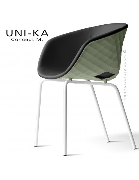 Fauteuil tendance et chic UNI-KA, piétement peint blanc, assise coque plastique couleur vert pistache, habillage cuir noir.
