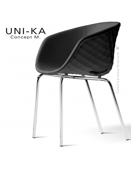 Fauteuil tendance et chic UNI-KA, piétement chromé, assise coque plastique couleur noir, habillage cuir noir.