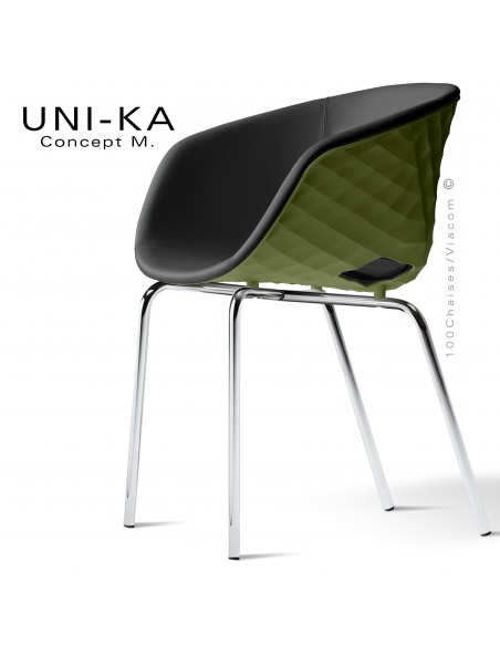 Fauteuil tendance et chic UNI-KA, piétement chromé, assise coque plastique couleur vert olive, habillage cuir noir.