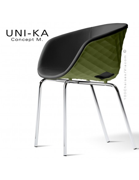 Fauteuil tendance et chic UNI-KA, piétement chromé, assise coque plastique couleur vert olive, habillage cuir noir.