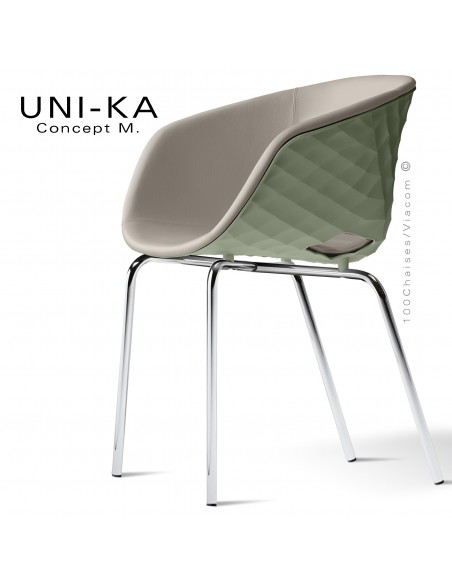 Fauteuil tendance et chic UNI-KA, piétement chromé, assise coque plastique couleur vert pistache, habillage cuir ciment