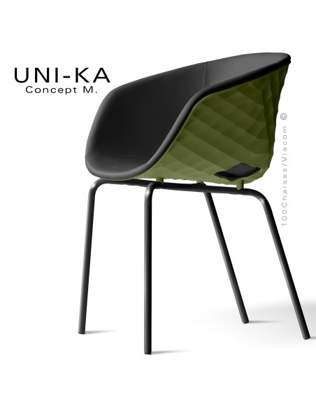 Fauteuil tendance et chic UNI-KA, piétement peint noir, assise coque plastique couleur vert olive, habillage cuir noir.