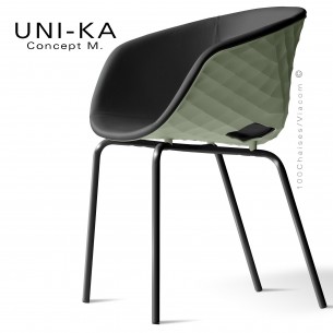 Fauteuil tendance et chic UNI-KA, piétement peint noir, assise coque plastique couleur pistache, habillage cuir noir.