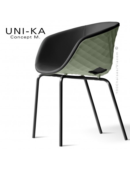 Fauteuil tendance et chic UNI-KA, piétement peint noir, assise coque plastique couleur pistache, habillage cuir noir.