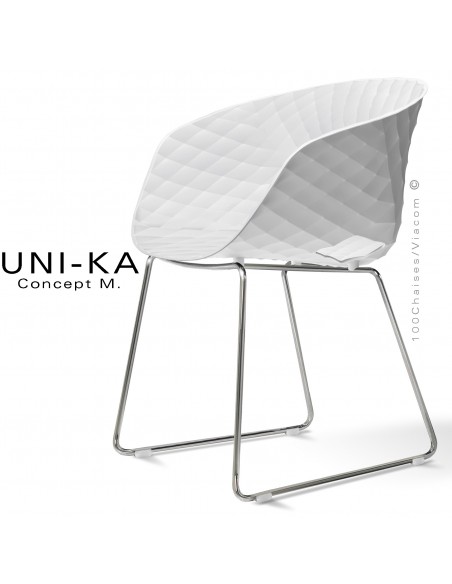 Fauteuil design UNIKA, coque plastique couleur blanche effet matelassé, piétement luge chromé brillant.