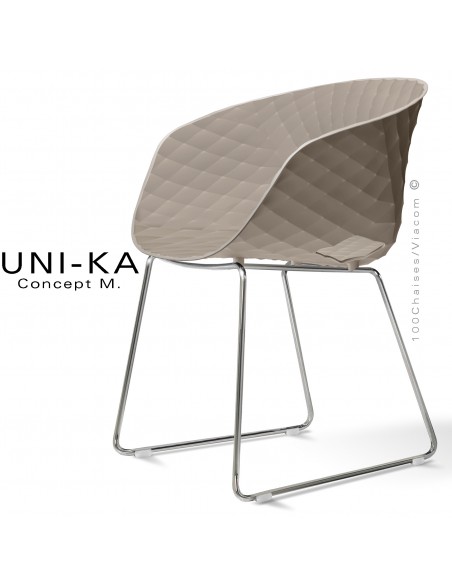 Fauteuil design UNIKA, coque plastique couleur gris tourterelle effet matelassé, piétement luge chromé brillant.