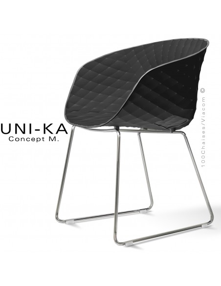 Fauteuil design UNIKA, coque plastique couleur noire effet matelassé, piétement luge chromé brillant.