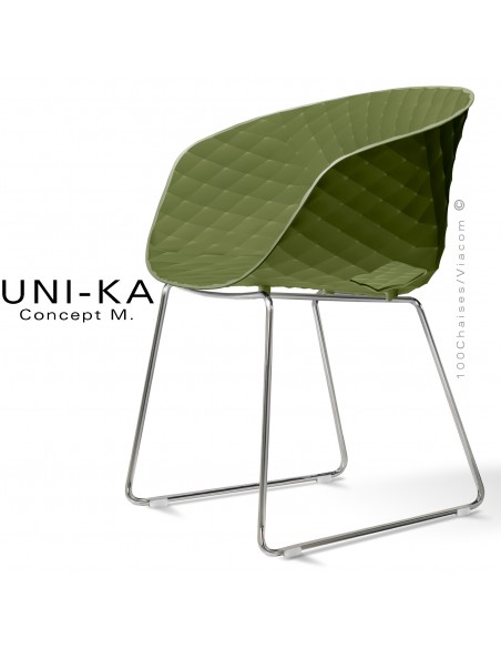 Fauteuil design UNIKA, coque plastique couleur vert olive effet matelassé, piétement luge chromé brillant.