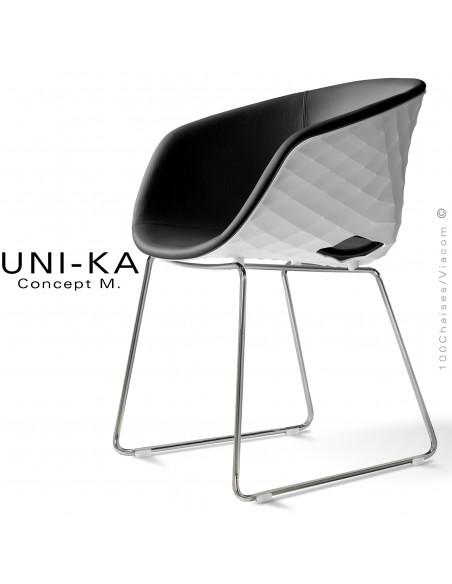 Fauteuil chic et tendance UNIKA, piétement luge chromé brillant, coque plastique couleur blanc, cuir noir.