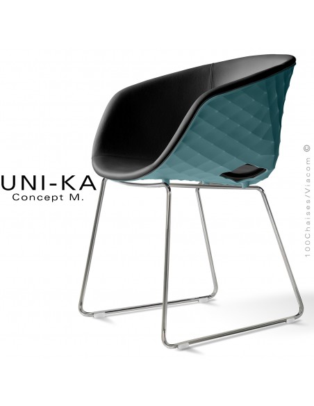 Fauteuil chic et tendance UNIKA, piétement luge chromé brillant, coque plastique couleur bleu poudre, cuir noir.