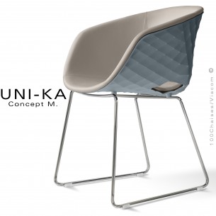 Fauteuil chic et tendance UNIKA, piétement luge chromé brillant, coque plastique couleur gris petit gris, cuir ciment.