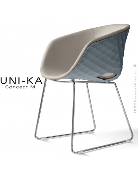 Fauteuil chic et tendance UNIKA, piétement luge chromé brillant, coque plastique couleur gris petit gris, cuir ciment.