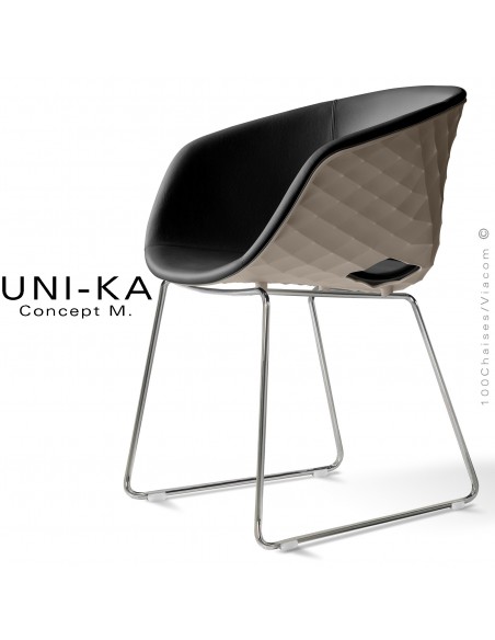 Fauteuil chic et tendance UNIKA, piétement luge chromé brillant, coque plastique couleur gris tourterelle, cuir noir.