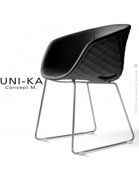 Fauteuil chic et tendance UNIKA, piétement luge chromé brillant, coque plastique couleur noir, cuir noir.