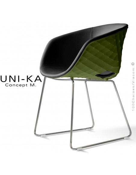 Fauteuil chic et tendance UNIKA, piétement luge chromé brillant, coque plastique couleur vert olive, cuir noir.