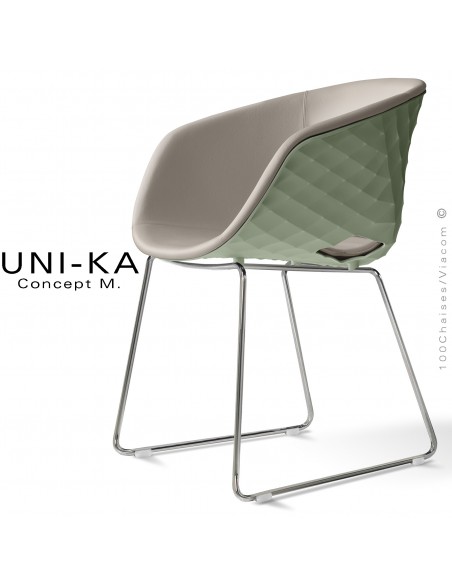 Fauteuil chic et tendance UNIKA, piétement luge chromé brillant, coque plastique couleur vert pistache, cuir ciment.