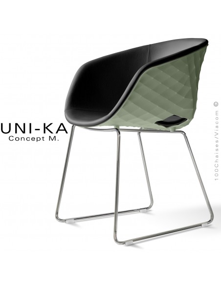 Fauteuil chic et tendance UNIKA, piétement luge chromé brillant, coque plastique couleur vert pistache, cuir noir.