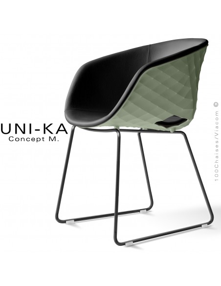 Fauteuil chic et tendance UNIKA, piétement luge peint noir, coque plastique couleur vert pistache, cuir noir.