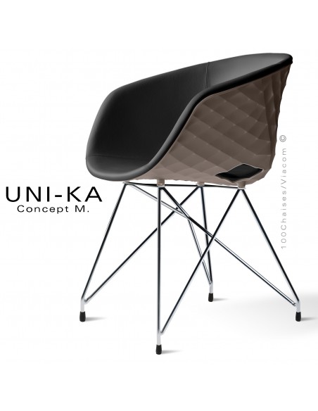 Fauteuil chic et tendance UNIKA, piétement type Eiffel chromé brillant, coque plastique argile, habillage cuir noir.