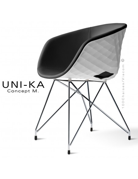 Fauteuil chic et tendance UNIKA, piétement type Eiffel chromé brillant, coque plastique blanche, habillage cuir noir.