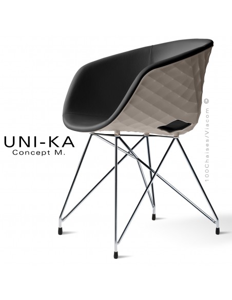 Fauteuil chic et tendance UNIKA, piétement type Eiffel chromé brillant, coque plastique gris tourterelle, habillage cuir noir.