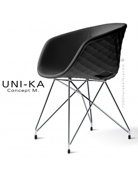 Fauteuil chic et tendance UNIKA, piétement type Eiffel chromé brillant, coque plastique noir, habillage cuir noir.