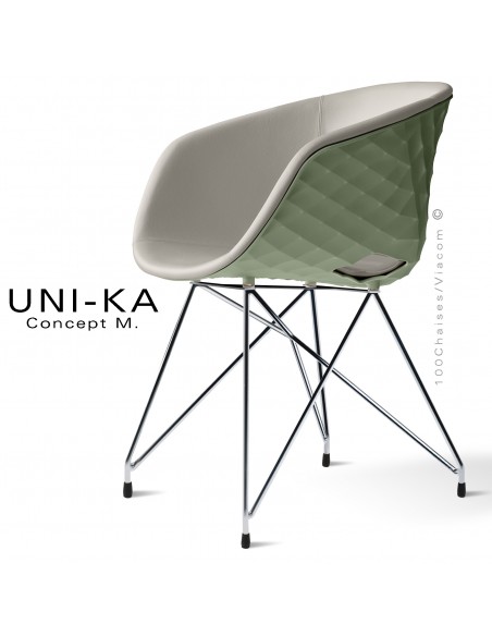 Fauteuil chic et tendance UNIKA, piétement type Eiffel chromé brillant, coque plastique vert pistache, habillage cuir ciment.