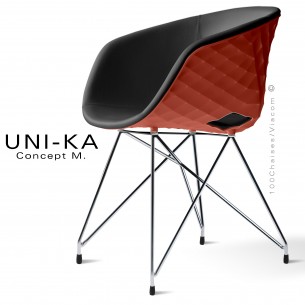 Fauteuil chic et tendance UNIKA, piétement type Eiffel chromé brillant, coque plastique rouge corail, habillage cuir noir.