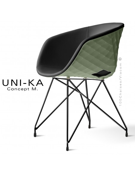 Fauteuil chic et tendance UNIKA, piétement type Eiffel peint noir, coque plastique vert pistache, habillage cuir noir.