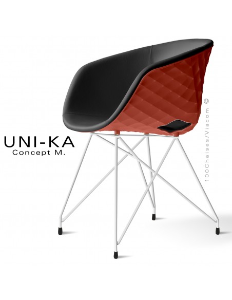 Fauteuil chic et tendance UNIKA, piétement type Eiffel peint blanc, coque plastique rouge corail, habillage cuir noir.