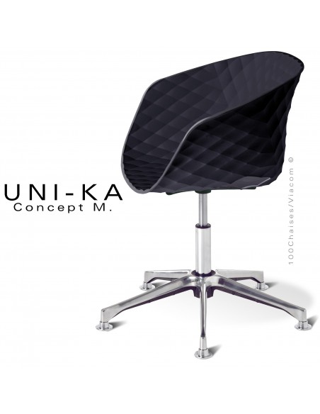 Fauteuil de bureau pivotant sur vérin à gaz avec élévation UNIKA, piétement aluminium, assise coque plastique anthracite.